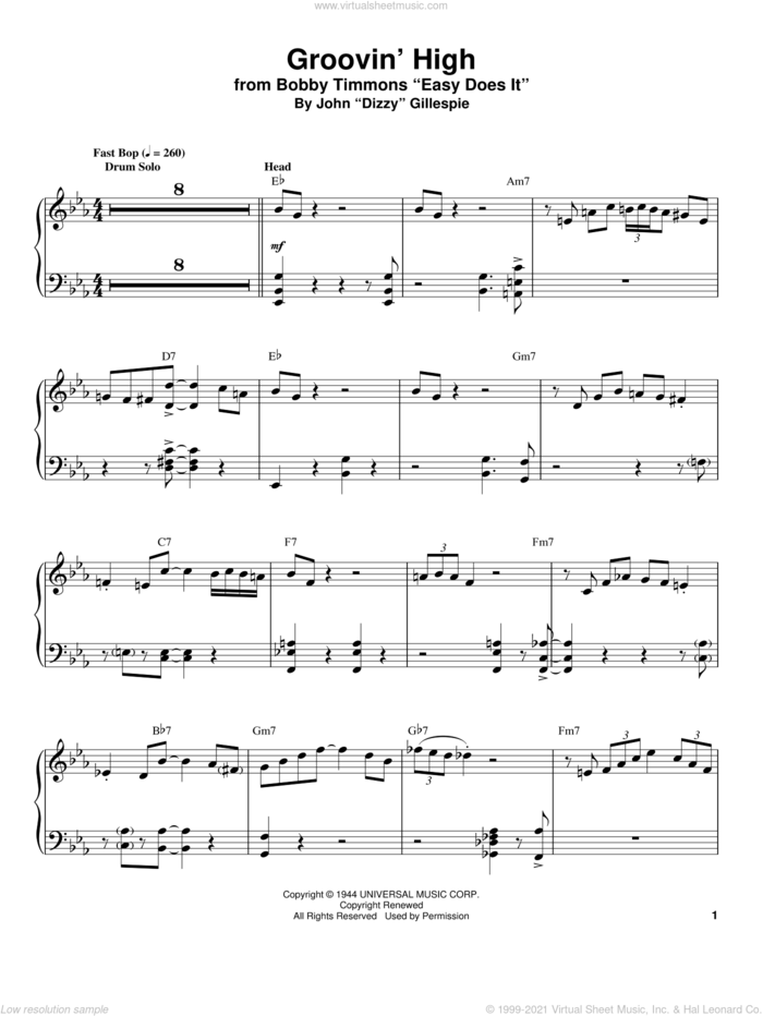 Groovin' High sheet music for piano solo (transcription) by Dizzy Gillespie and Charlie Parker, intermediate piano (transcription)