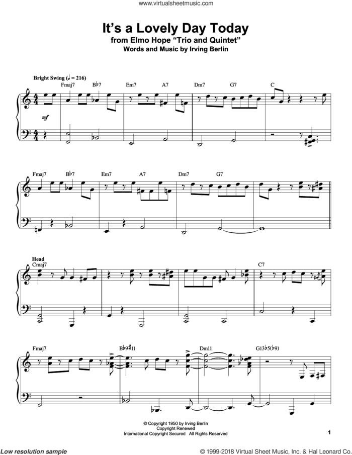 It's A Lovely Day Today sheet music for piano solo (transcription) by Irving Berlin and Elmo Hope, intermediate piano (transcription)