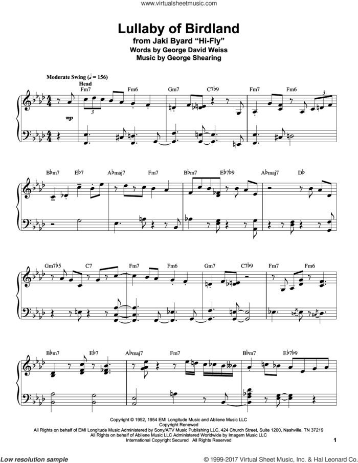 Lullaby Of Birdland sheet music for piano solo (transcription) by George David Weiss and George Shearing, intermediate piano (transcription)
