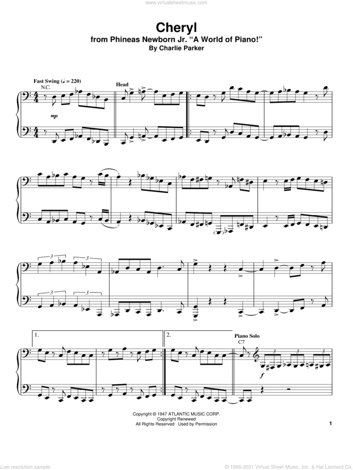 Cheryl sheet music for piano solo (transcription) by Charlie Parker, intermediate piano (transcription)