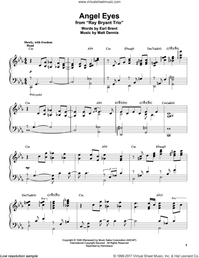 Angel Eyes sheet music for piano solo (transcription) by Matt Dennis and Earl Brent, intermediate piano (transcription)