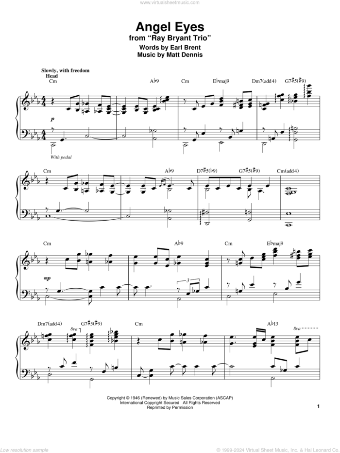 Angel Eyes sheet music for piano solo (transcription) by Matt Dennis and Earl Brent, intermediate piano (transcription)