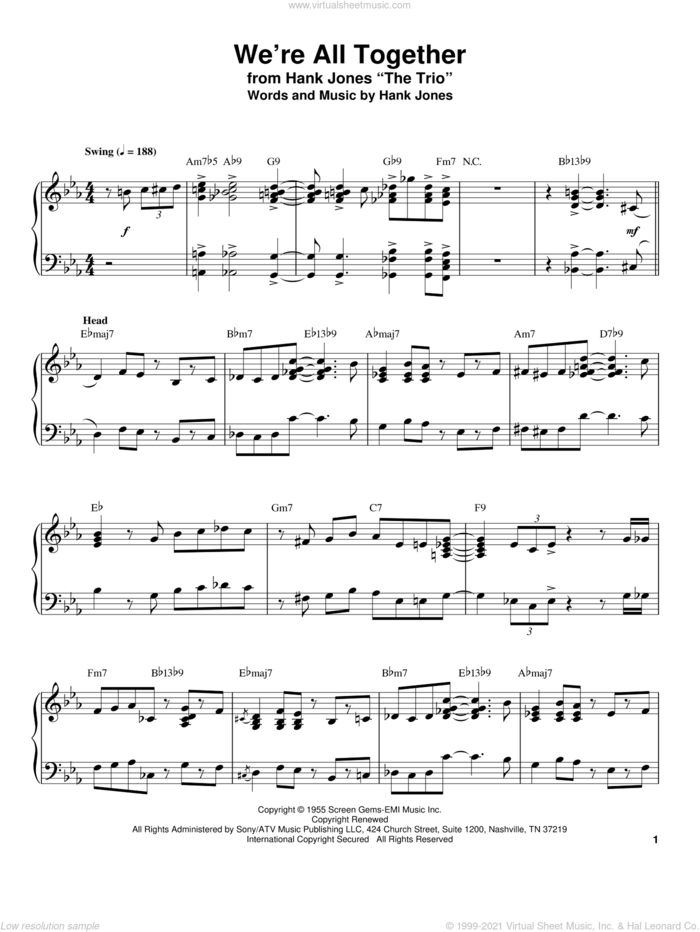 We're All Together sheet music for piano solo (transcription) by Hank Jones, intermediate piano (transcription)