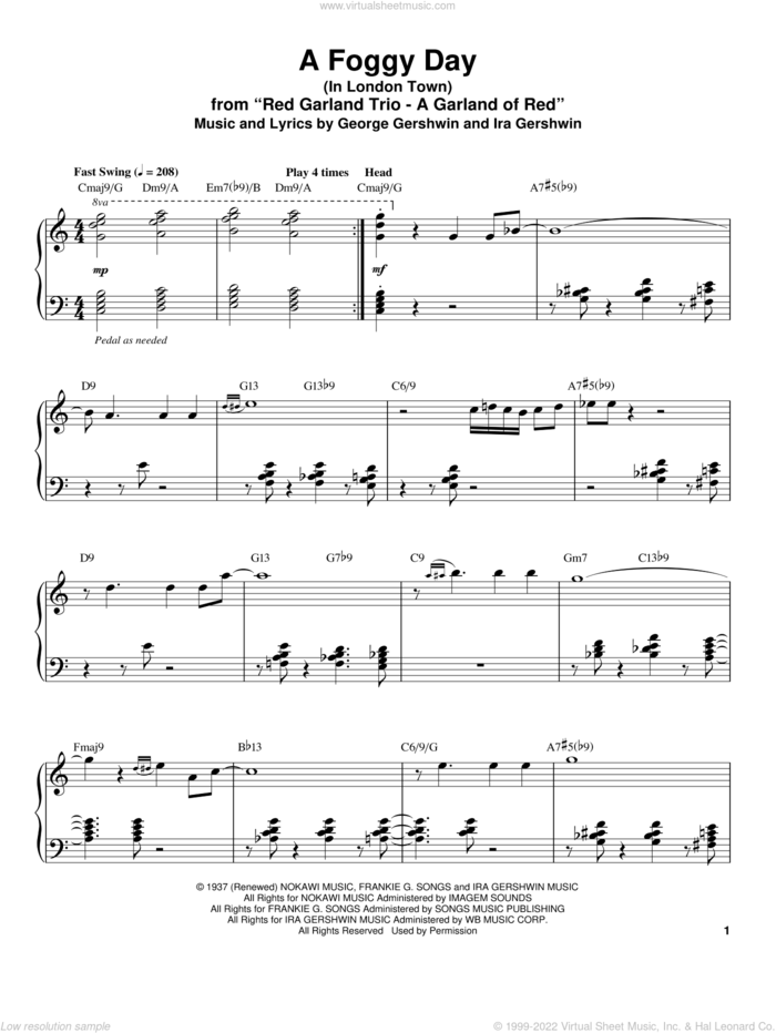 A Foggy Day (In London Town) sheet music for piano solo (transcription) by George Gershwin, Red Garland and Ira Gershwin, intermediate piano (transcription)