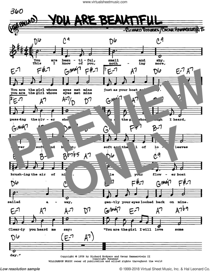 You Are Beautiful sheet music for voice and other instruments  by Rodgers & Hammerstein, Oscar II Hammerstein and Richard Rodgers, intermediate skill level