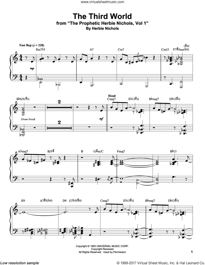 The Third World sheet music for piano solo (transcription) by Herbie Nichols, intermediate piano (transcription)
