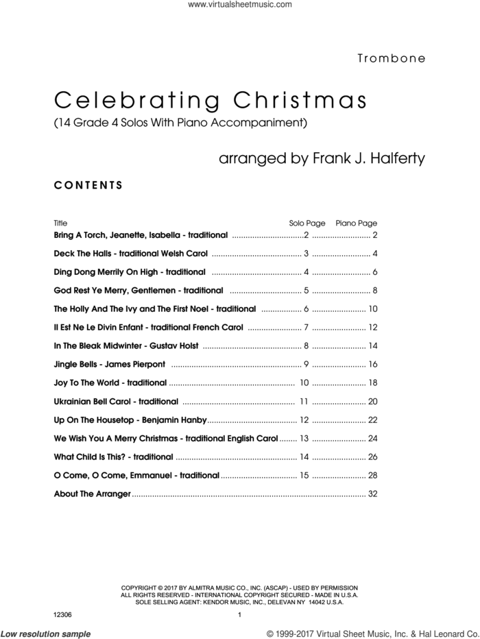 Celebrating Christmas (14 Grade 4 Solos With Piano Accompaniment) (complete set of parts) sheet music for trombone and piano by Frank J. Halferty, intermediate skill level