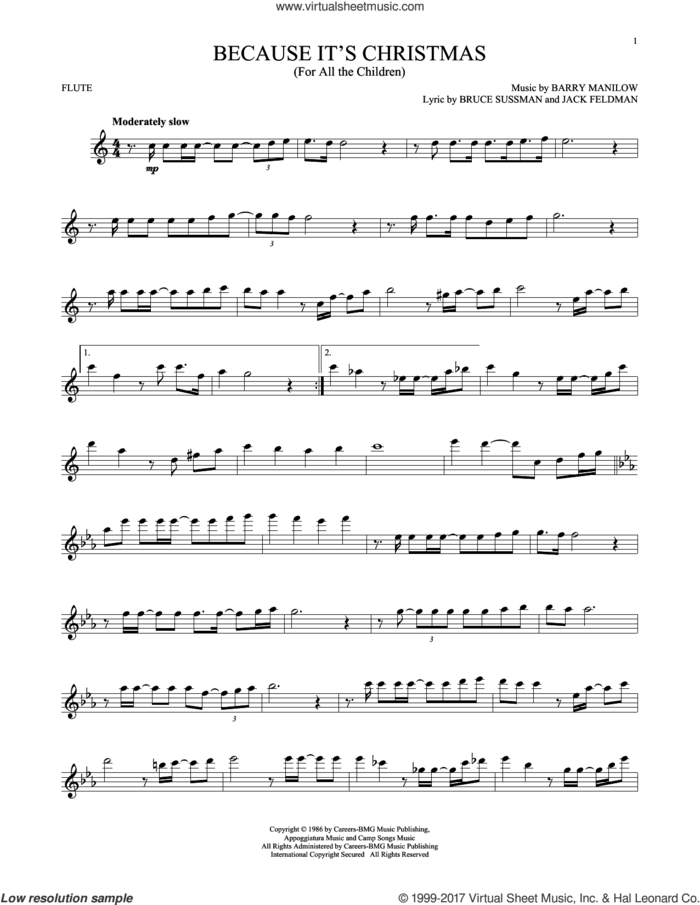 Because It's Christmas (For All The Children) sheet music for flute solo by Barry Manilow, Bruce Sussman and Jack Feldman, intermediate skill level