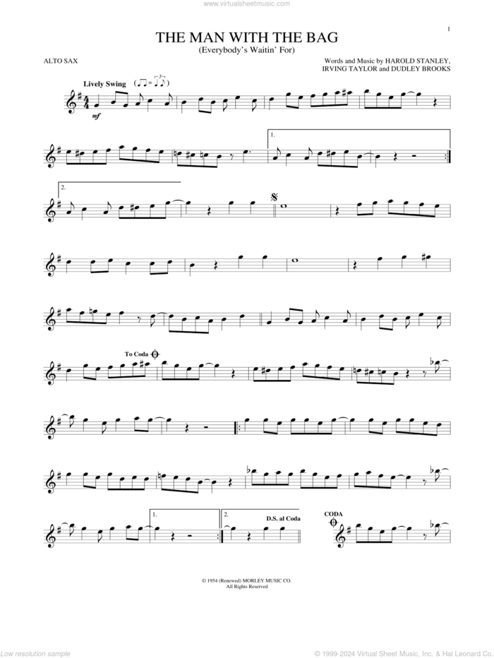 (Everybody's Waitin' For) The Man With The Bag sheet music for alto saxophone solo by Irving Taylor, Dudley Brooks and Harold Stanley, intermediate skill level