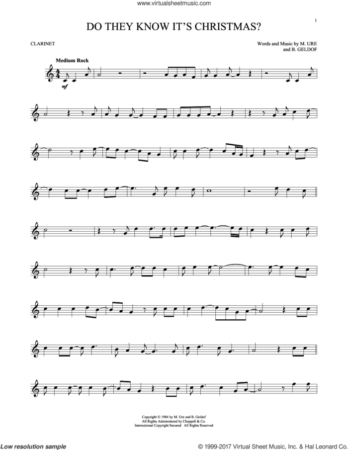 Do They Know It's Christmas? (Feed The World) sheet music for clarinet solo by Midge Ure, Band Aid and Bob Geldof, intermediate skill level