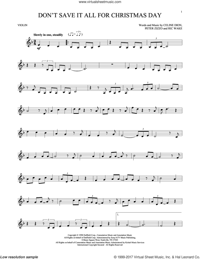 Don't Save It All For Christmas Day sheet music for violin solo by Celine Dion, Avalon, Peter Zizzo and Ric Wake, intermediate skill level