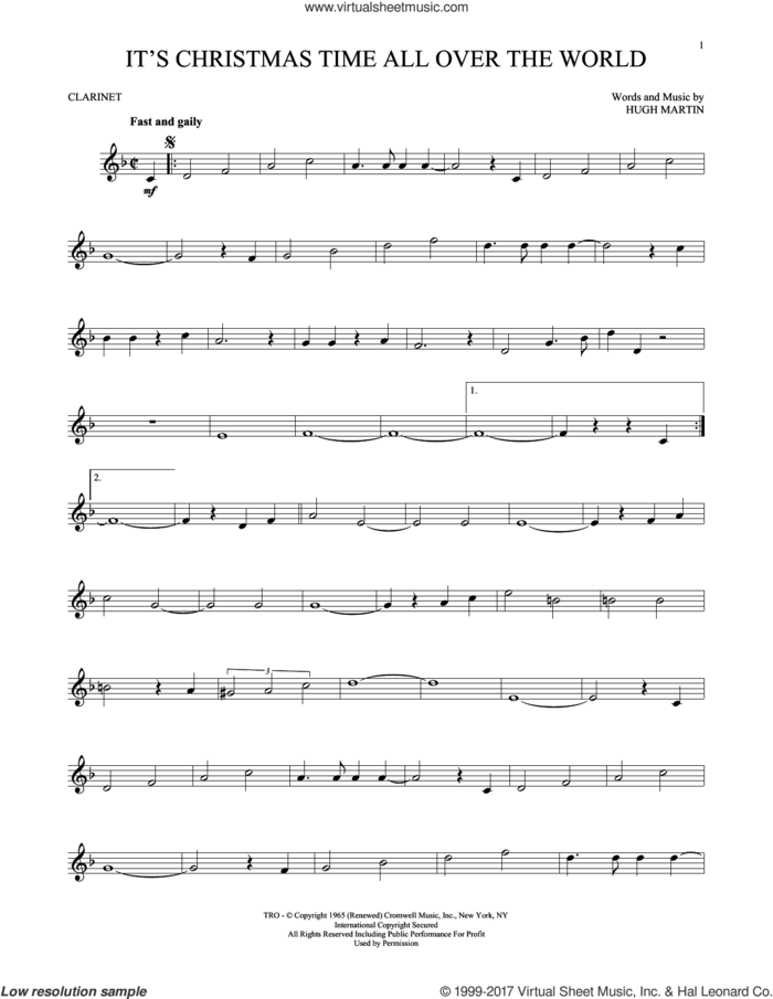 It's Christmas Time All Over The World sheet music for clarinet solo by Hugh Martin, intermediate skill level