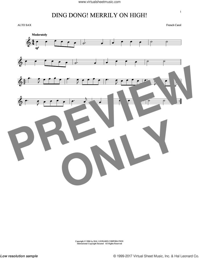 Ding Dong! Merrily On High! sheet music for alto saxophone solo, intermediate skill level