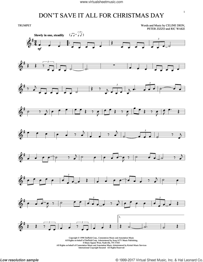 Don't Save It All For Christmas Day sheet music for trumpet solo by Celine Dion, Avalon, Peter Zizzo and Ric Wake, intermediate skill level