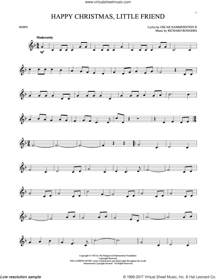 Happy Christmas, Little Friend sheet music for horn solo by Rodgers & Hammerstein, Oscar II Hammerstein and Richard Rodgers, intermediate skill level