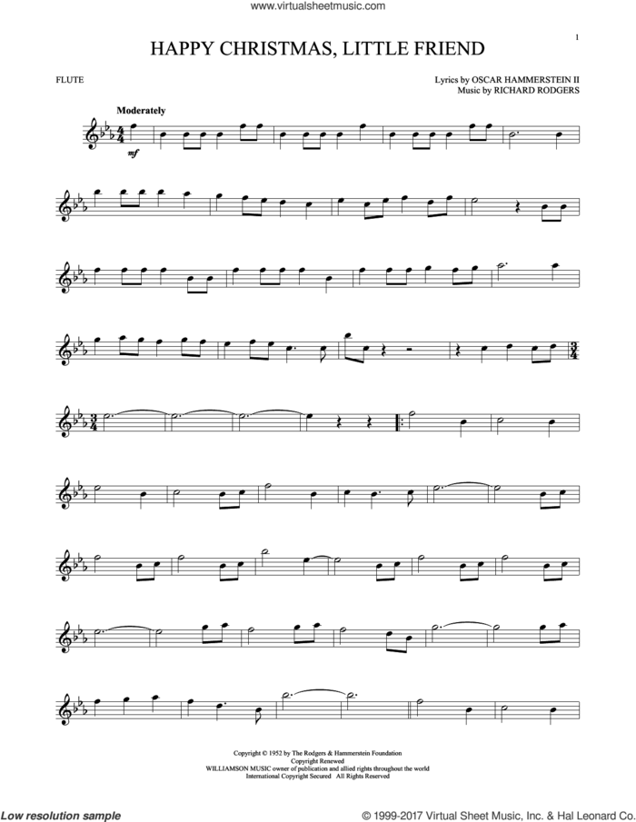 Happy Christmas, Little Friend sheet music for flute solo by Rodgers & Hammerstein, Oscar II Hammerstein and Richard Rodgers, intermediate skill level