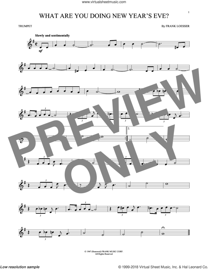 What Are You Doing New Year's Eve? sheet music for trumpet solo by Frank Loesser, intermediate skill level