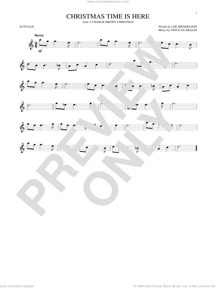 Christmas Time Is Here sheet music for alto saxophone solo by Vince Guaraldi and Lee Mendelson, intermediate skill level