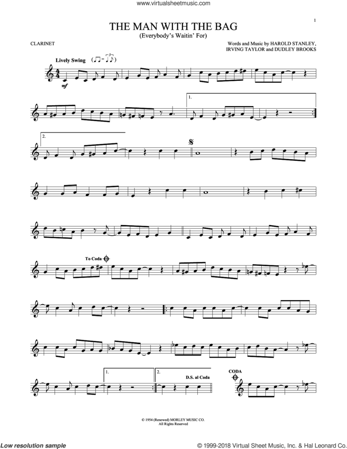 (Everybody's Waitin' For) The Man With The Bag sheet music for clarinet solo by Irving Taylor, Harold Stanley and Dudley Brooks, intermediate skill level