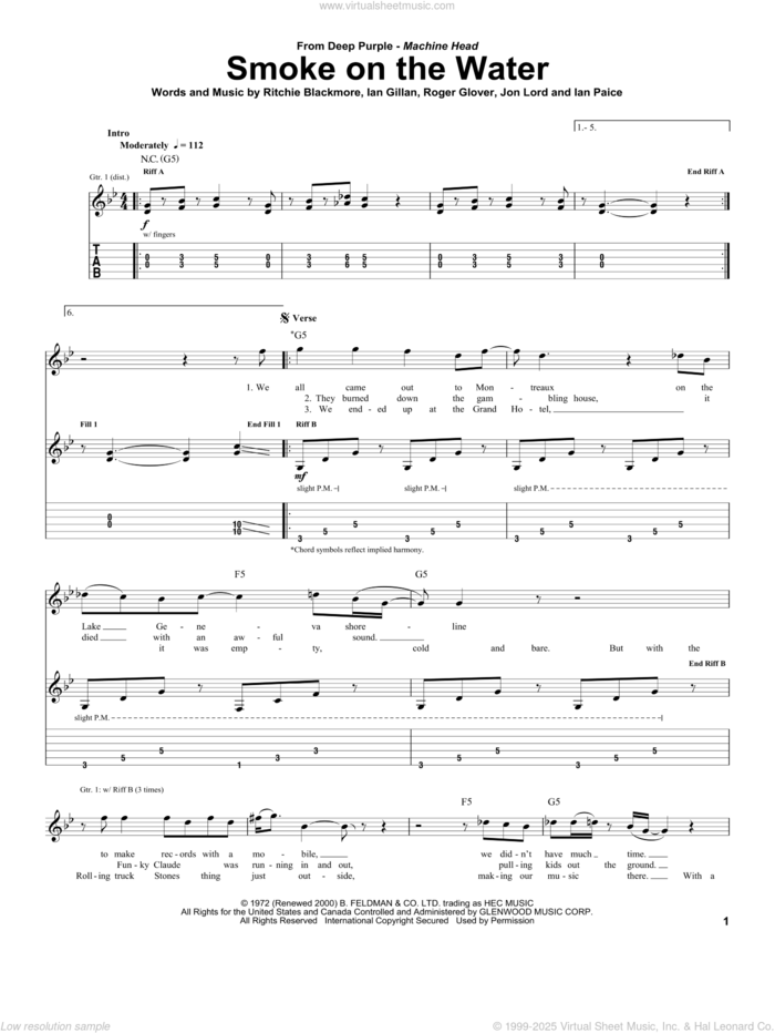 Smoke On The Water sheet music for guitar (tablature) by Deep Purple, Ian Gillan, Ian Paice, Jon Lord, Ritchie Blackmore and Roger Glover, intermediate skill level