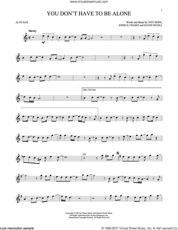 You Don't Have To Be Alone sheet music for alto saxophone solo by 'N Sync, David Nicoll, Joshua Chasez and Veit Renn, intermediate skill level