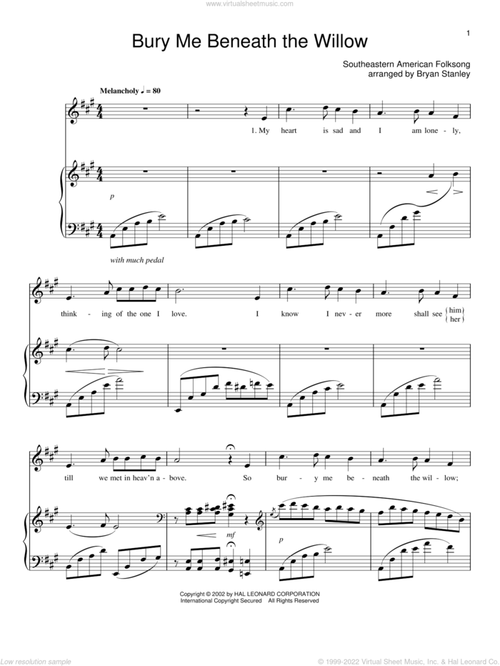 Bury Me Beneath The Willow sheet music for voice, piano or guitar, intermediate skill level