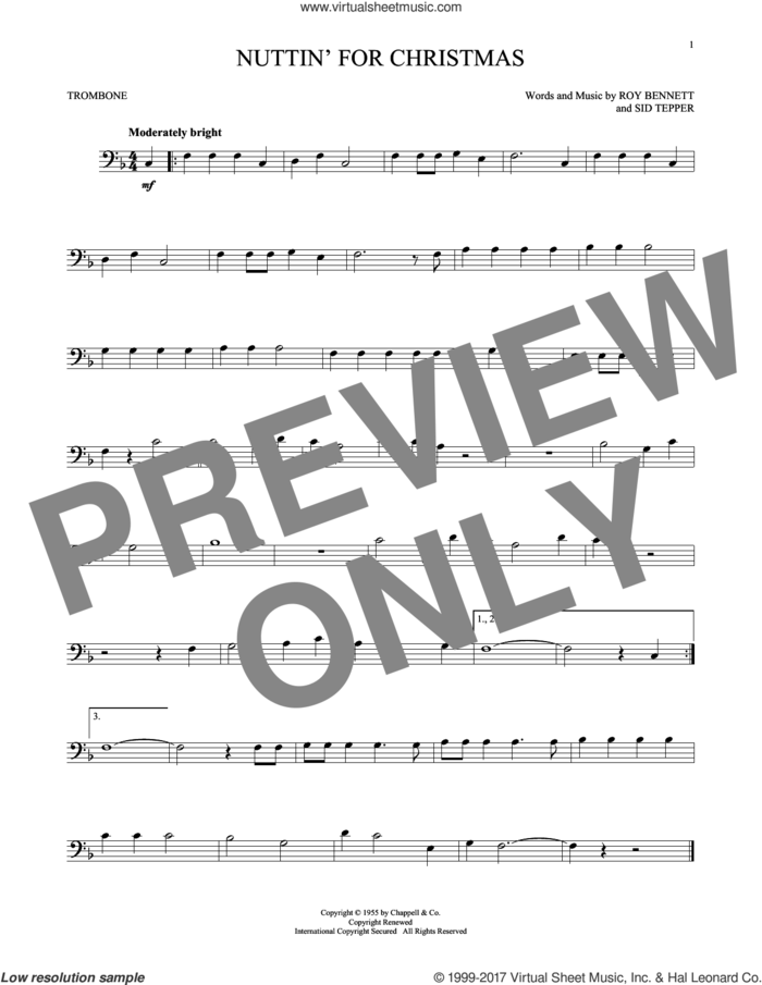 Nuttin' For Christmas sheet music for trombone solo by Sid Tepper and Roy Bennett, intermediate skill level