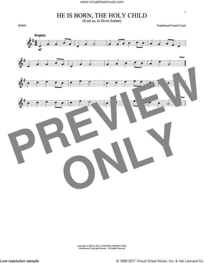 He Is Born, The Holy Child (Il Est Ne, Le Divin Enfant) sheet music for horn solo, intermediate skill level