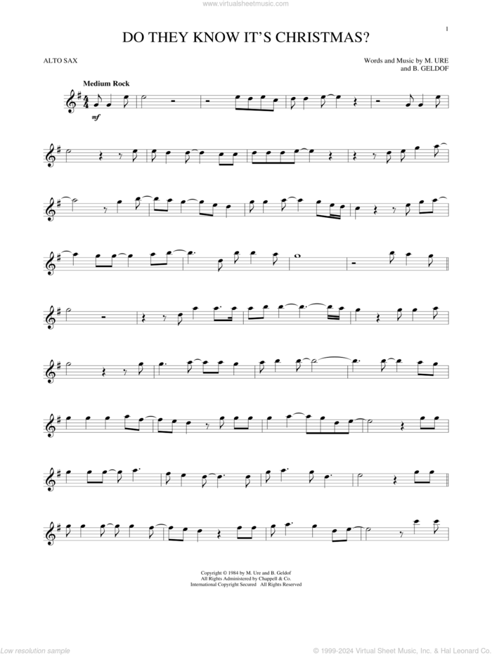 Do They Know It's Christmas? (Feed The World) sheet music for alto saxophone solo by Midge Ure, Band Aid and Bob Geldof, intermediate skill level