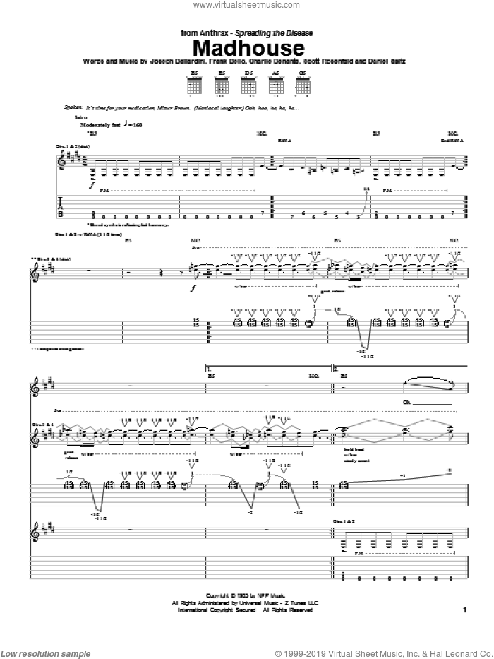 Madhouse sheet music for guitar (tablature) by Anthrax, Guitar Hero, Charles Benante, Dan Spitz, Frank Bello, Joe Bellardini and Scott Rosenfeld, intermediate skill level