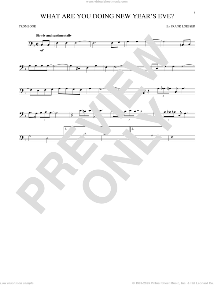 What Are You Doing New Year's Eve? sheet music for trombone solo by Frank Loesser, intermediate skill level