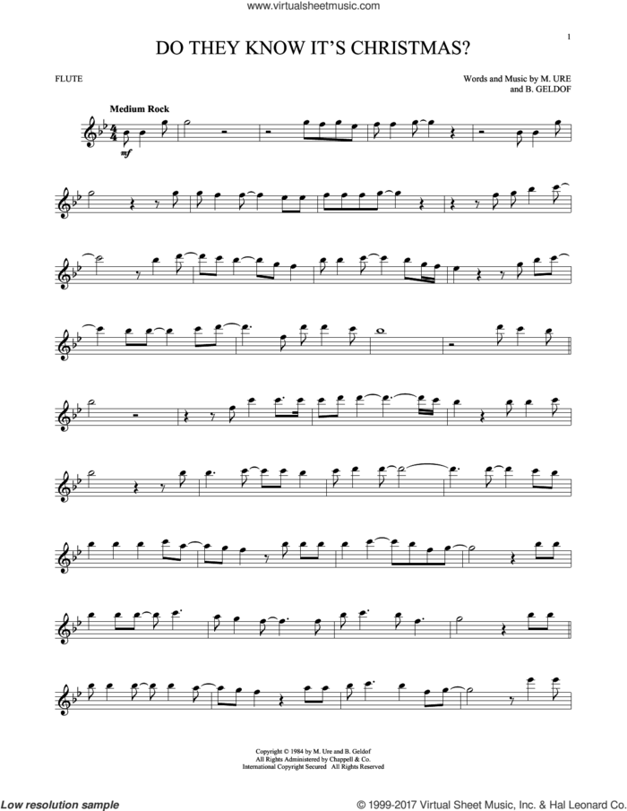 Do They Know It's Christmas? (Feed The World) sheet music for flute solo by Midge Ure, Band Aid and Bob Geldof, intermediate skill level
