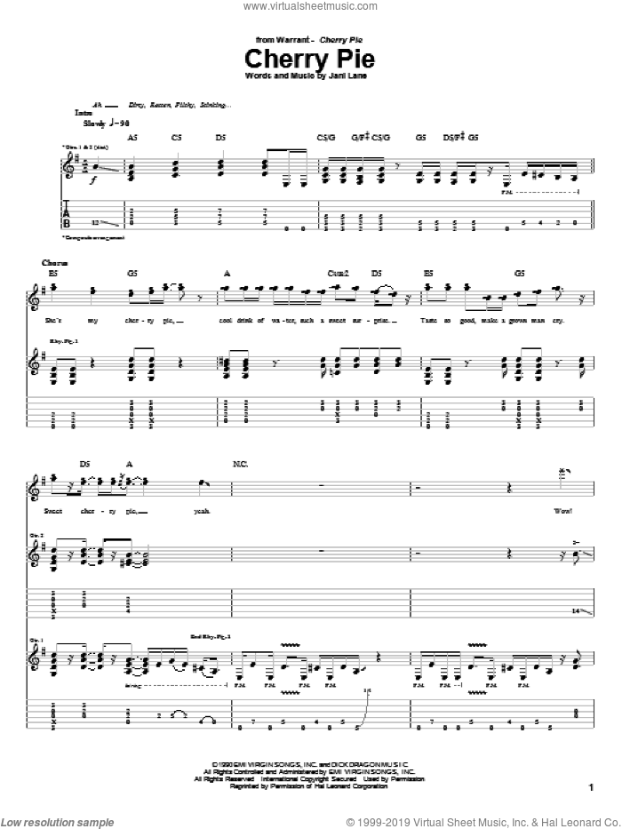 Cherry Pie sheet music for guitar (tablature) by Warrant, Guitar Hero and Jani Lane, intermediate skill level