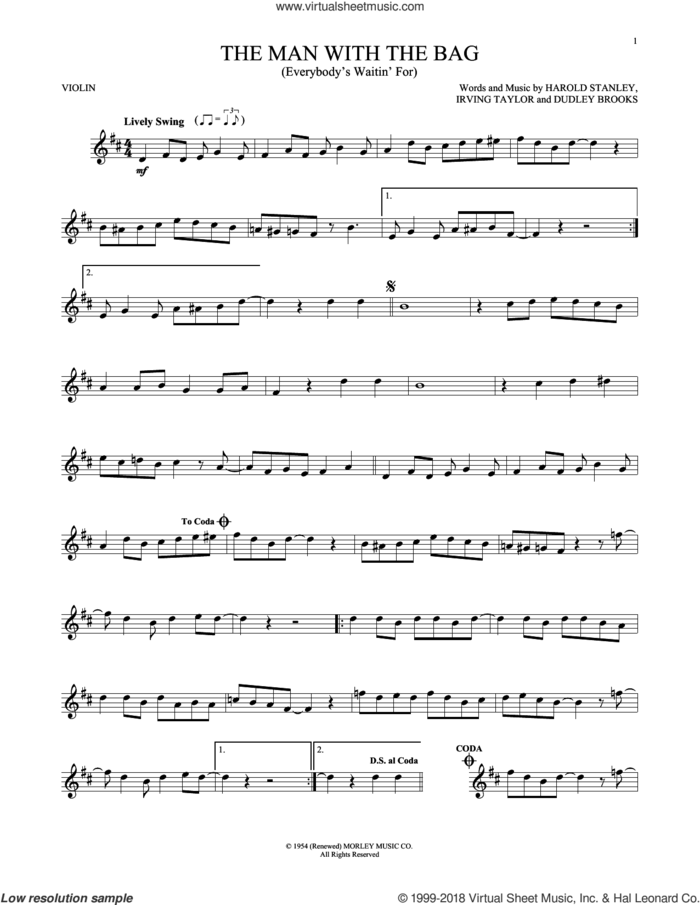 (Everybody's Waitin' For) The Man With The Bag sheet music for violin solo by Irving Taylor, Harold Stanley and Dudley Brooks, intermediate skill level