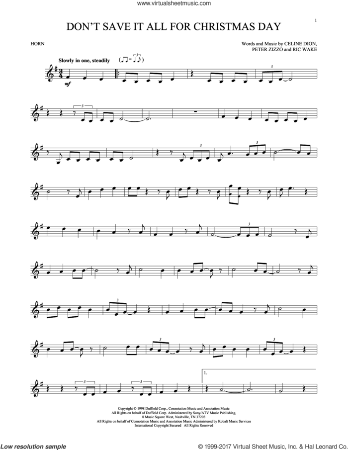 Don't Save It All For Christmas Day sheet music for horn solo by Celine Dion, Avalon, Peter Zizzo and Ric Wake, intermediate skill level