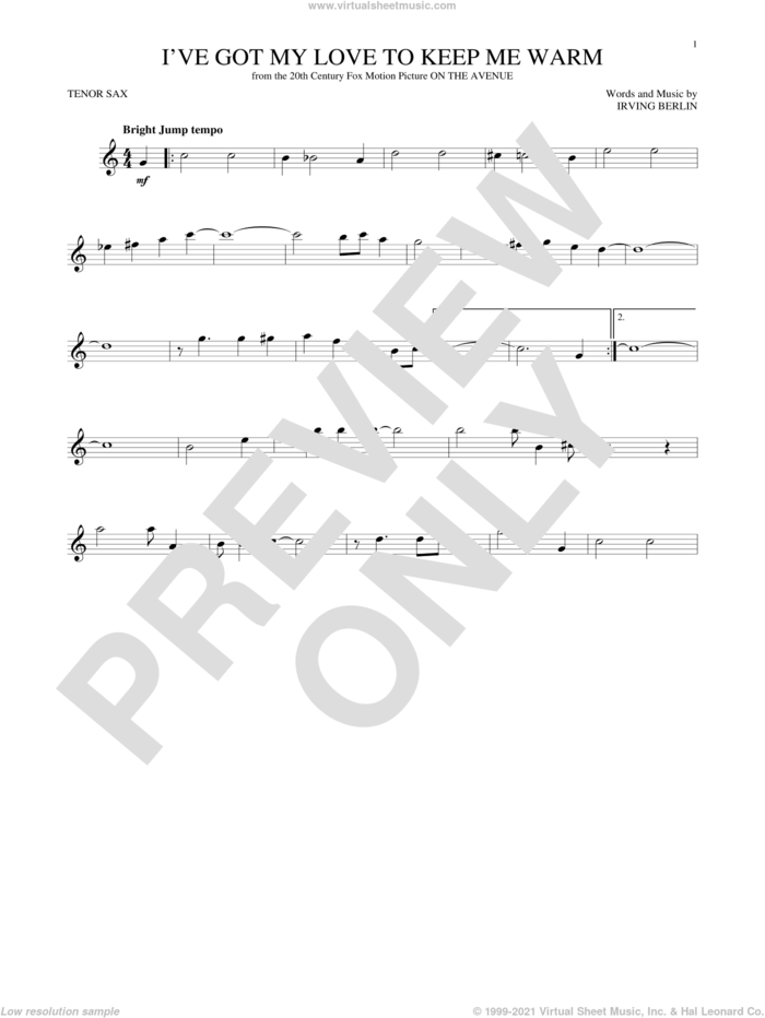 I've Got My Love To Keep Me Warm sheet music for tenor saxophone solo by Irving Berlin and Benny Goodman, intermediate skill level