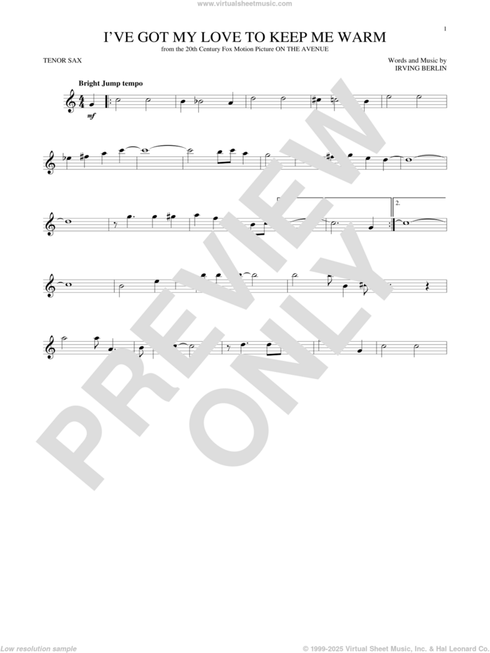 I've Got My Love To Keep Me Warm sheet music for tenor saxophone solo by Irving Berlin and Benny Goodman, intermediate skill level