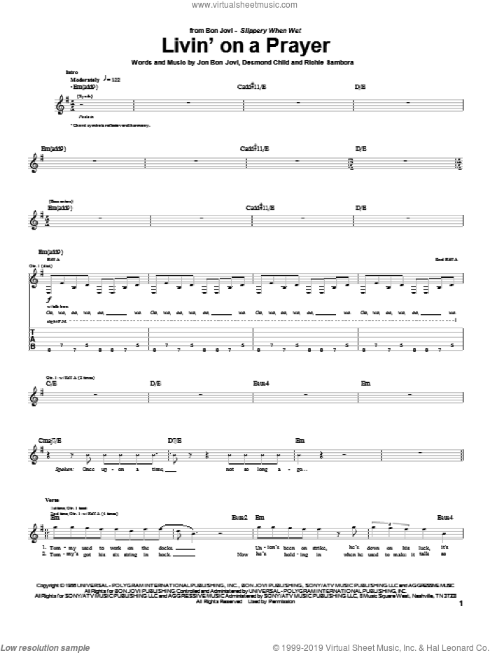 Livin' On A Prayer sheet music for guitar (tablature) by Bon Jovi, Desmond Child and Richie Sambora, intermediate skill level