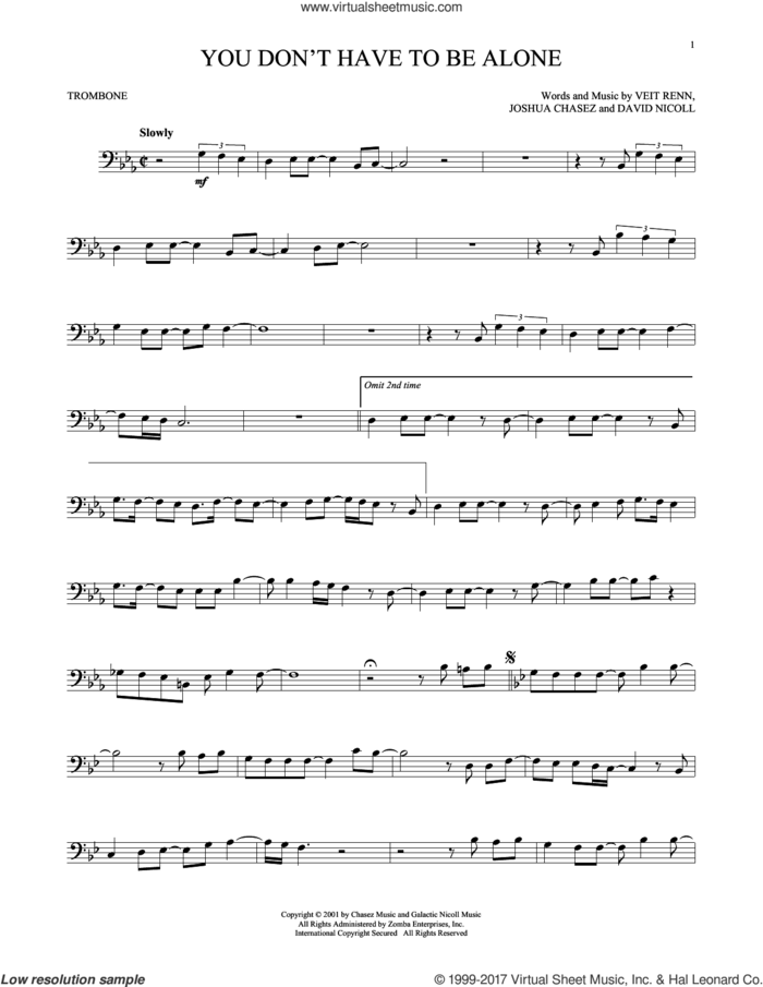 You Don't Have To Be Alone sheet music for trombone solo by 'N Sync, David Nicoll, Joshua Chasez and Veit Renn, intermediate skill level