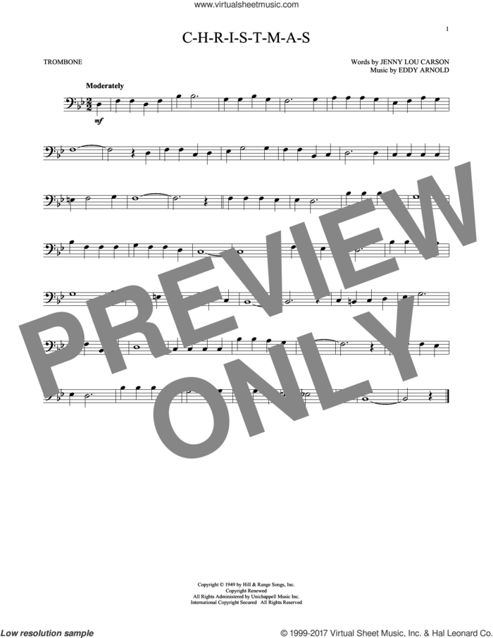 C-H-R-I-S-T-M-A-S sheet music for trombone solo by Eddy Arnold and Jenny Lou Carson, intermediate skill level