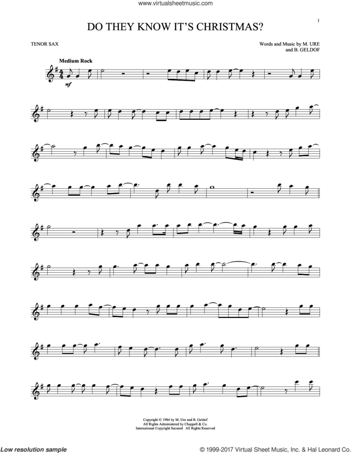 Do They Know It's Christmas? (Feed The World) sheet music for tenor saxophone solo by Midge Ure, Band Aid and Bob Geldof, intermediate skill level