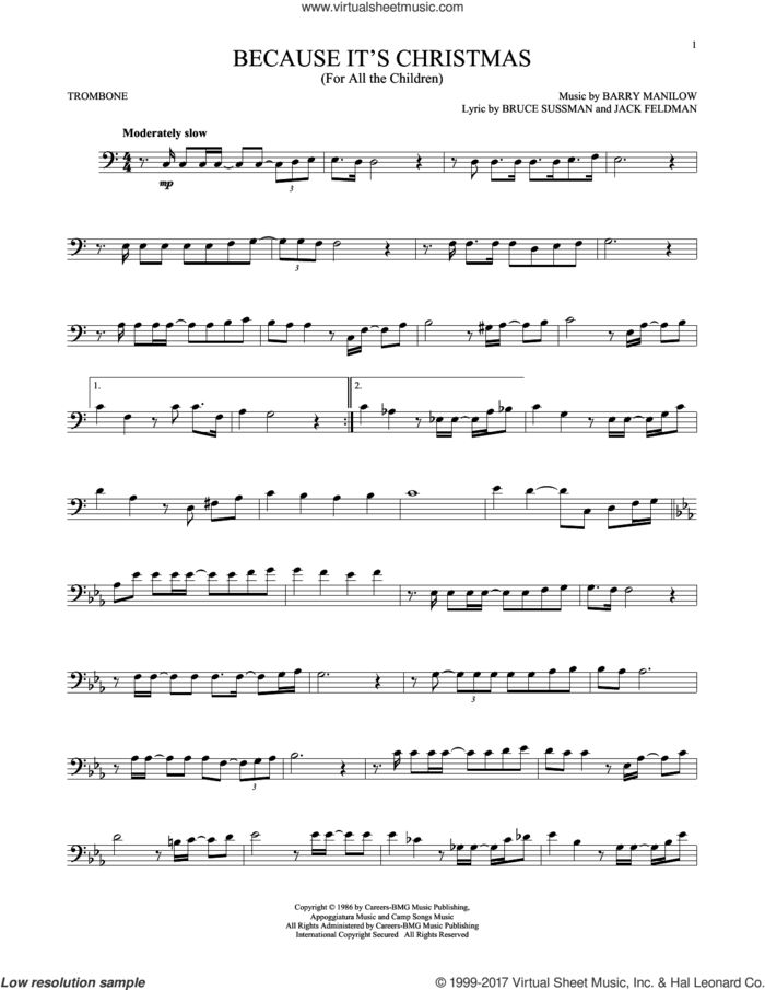 Because It's Christmas (For All The Children) sheet music for trombone solo by Barry Manilow, Bruce Sussman and Jack Feldman, intermediate skill level