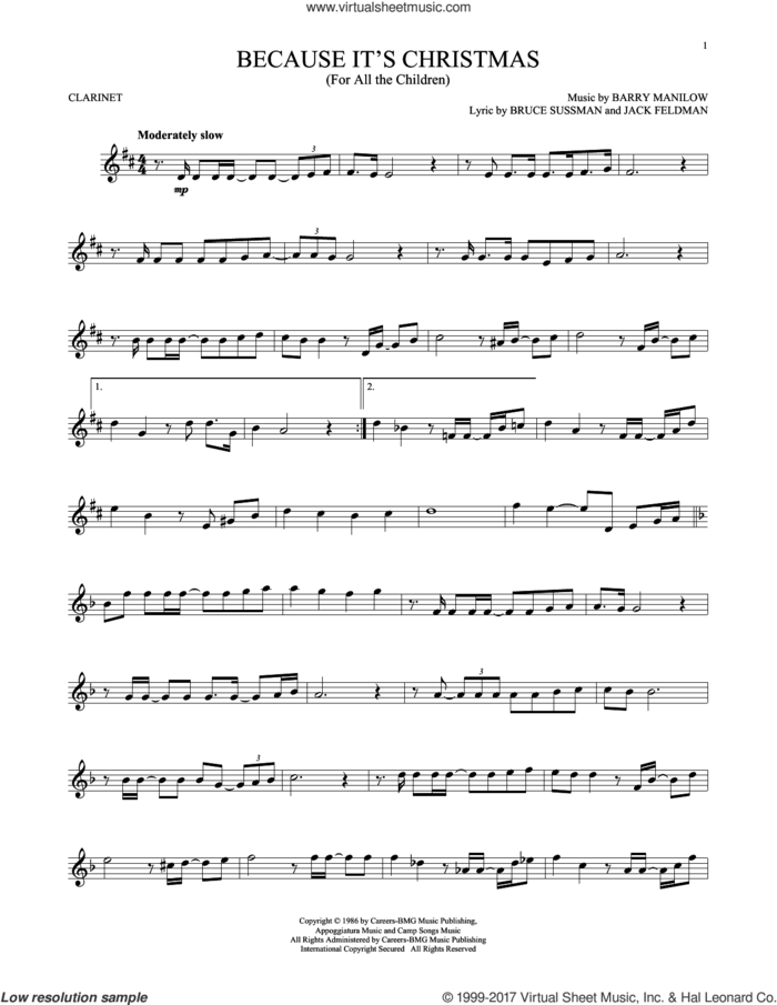 Because It's Christmas (For All The Children) sheet music for clarinet solo by Barry Manilow, Bruce Sussman and Jack Feldman, intermediate skill level