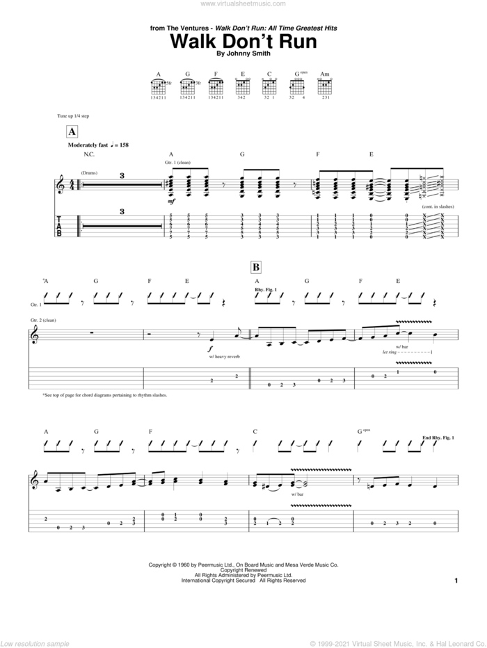 Walk Don't Run sheet music for guitar (tablature) by The Ventures and Johnny Smith, intermediate skill level