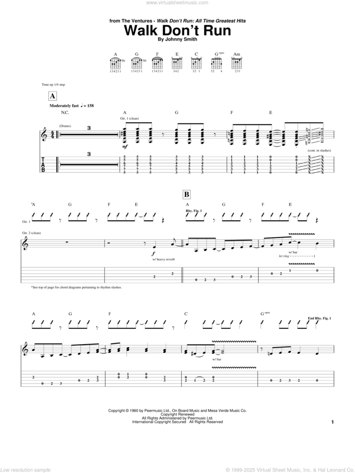 Walk Don't Run sheet music for guitar (tablature) by The Ventures and Johnny Smith, intermediate skill level