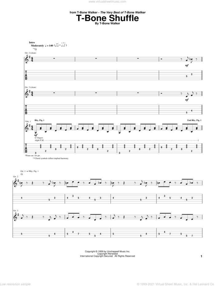 T-Bone Shuffle sheet music for guitar (tablature) by Aaron 'T-Bone' Walker, intermediate skill level