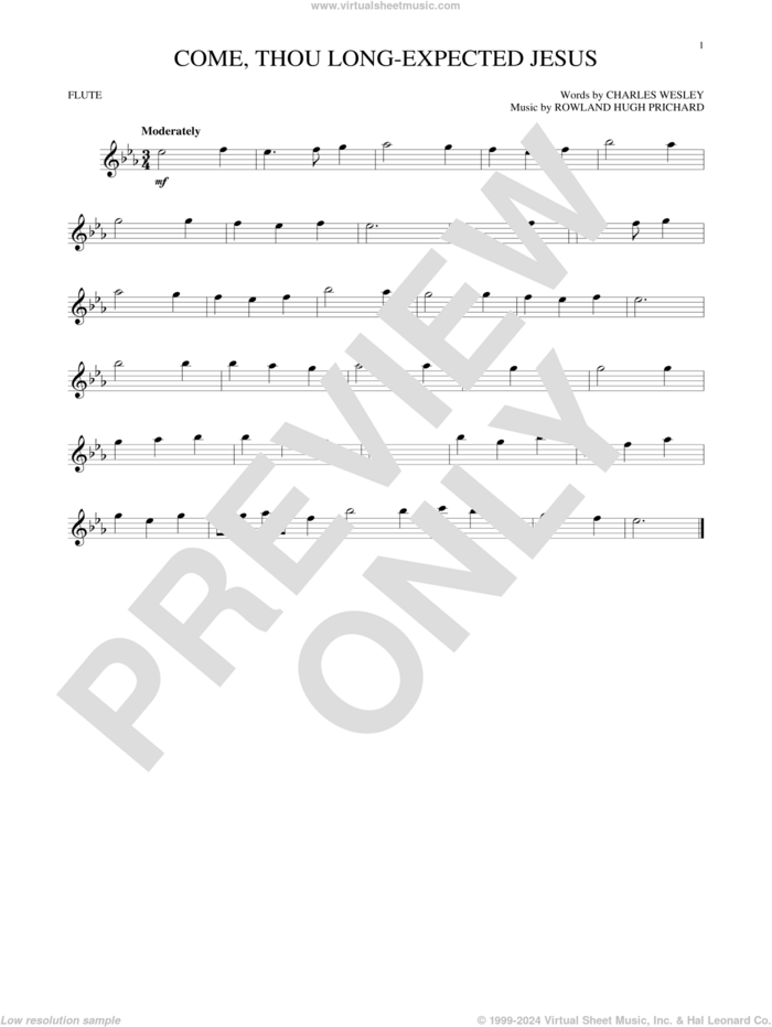 Come, Thou Long-Expected Jesus sheet music for flute solo by Charles Wesley and Rowland Prichard, intermediate skill level