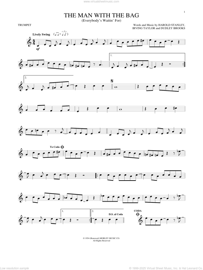 (Everybody's Waitin' For) The Man With The Bag sheet music for trumpet solo by Irving Taylor, Harold Stanley and Dudley Brooks, intermediate skill level