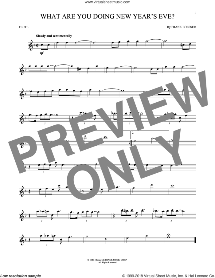 What Are You Doing New Year's Eve? sheet music for flute solo by Frank Loesser, intermediate skill level