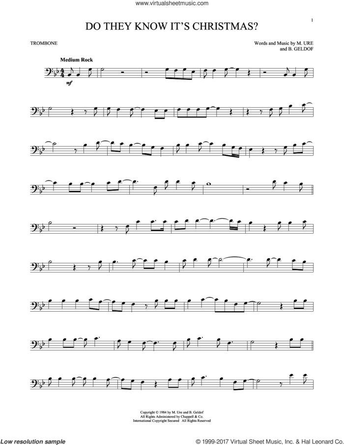 Do They Know It's Christmas? (Feed The World) sheet music for trombone solo by Midge Ure, Band Aid and Bob Geldof, intermediate skill level